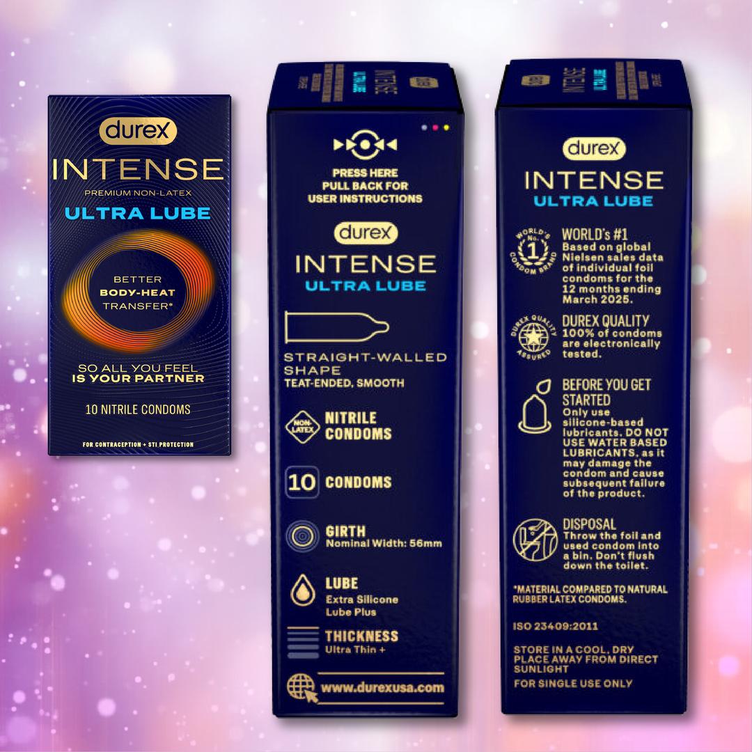 Three views of Durex Intense Ultra Lube Nitrile (Non-Latex) Condoms packaging display product details, features, and instructions on a purple and pink blurred background with light spots.