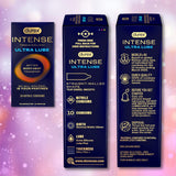 Three views of Durex Intense Ultra Lube Nitrile (Non-Latex) Condoms packaging display product details, features, and instructions on a purple and pink blurred background with light spots.