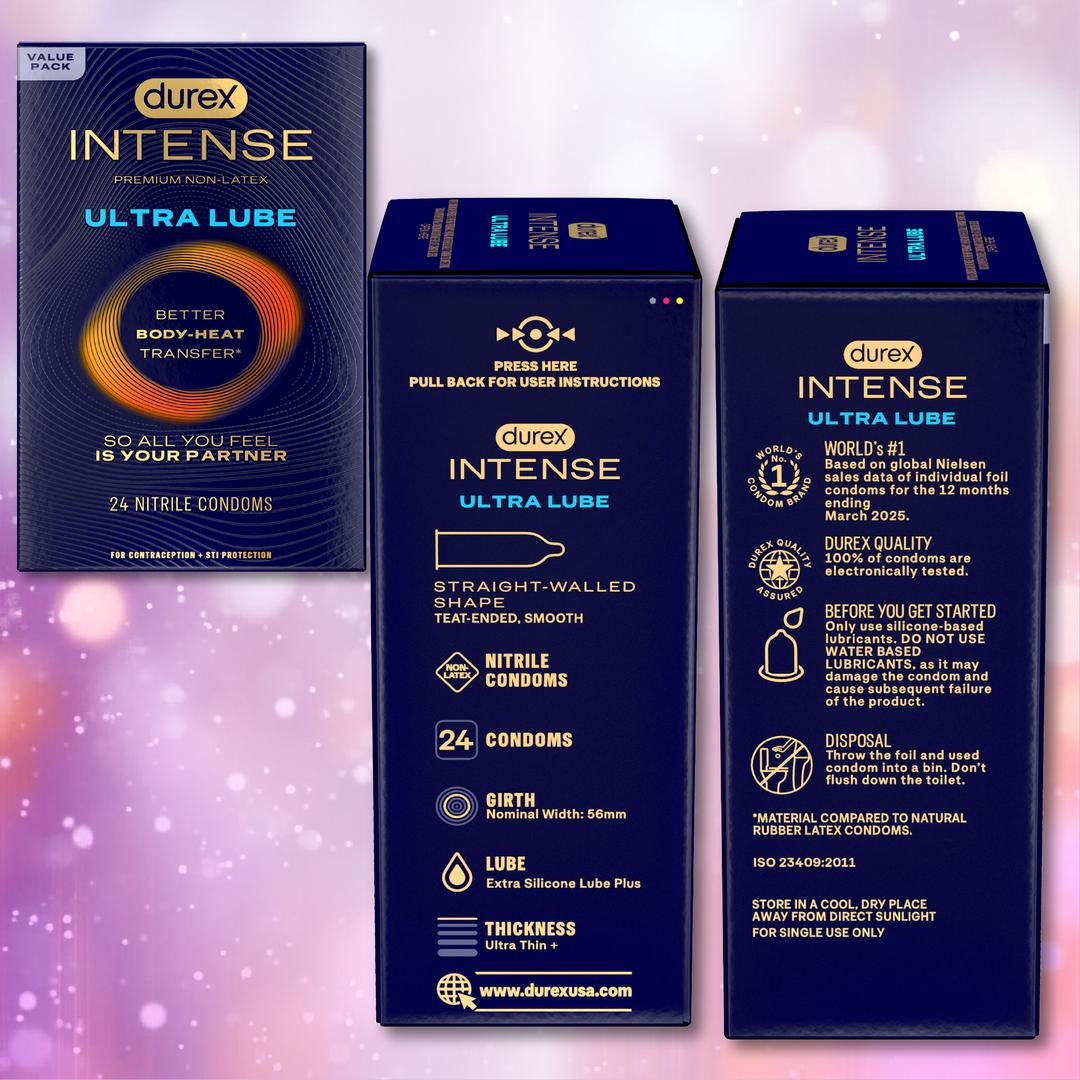 A box of Durex Intense Ultra Lube Nitrile (Non-Latex) Condoms is shown from three angles, featuring product details and icons on a purple background with pink bokeh.