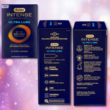 A box of Durex Intense Ultra Lube Nitrile (Non-Latex) Condoms is shown from three angles, featuring product details and icons on a purple background with pink bokeh.