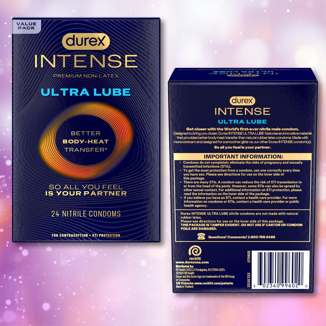 Two boxes of Durex Intense Ultra Lube Nitrile (Non-Latex) Condoms are displayed—one showing the front, the other with product details—against a soft pink and purple bokeh background.