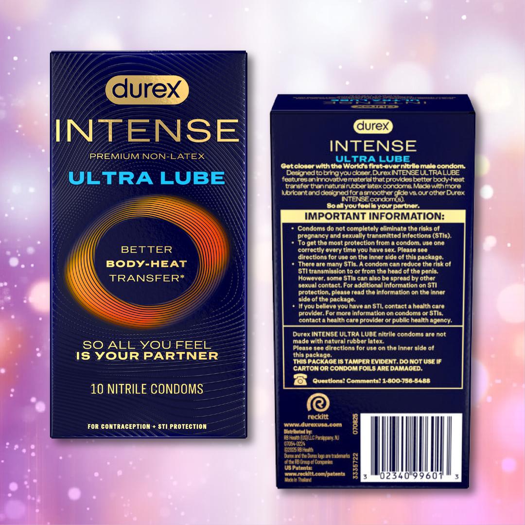 The front and back of a Durex Intense Ultra Lube Nitrile (Non-Latex) Condoms box show product details, extra lubrication features, safety info, and Durex branding against a pink and purple blurred background.