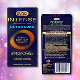 The front and back of a Durex Intense Ultra Lube Nitrile (Non-Latex) Condoms box show product details, extra lubrication features, safety info, and Durex branding against a pink and purple blurred background.