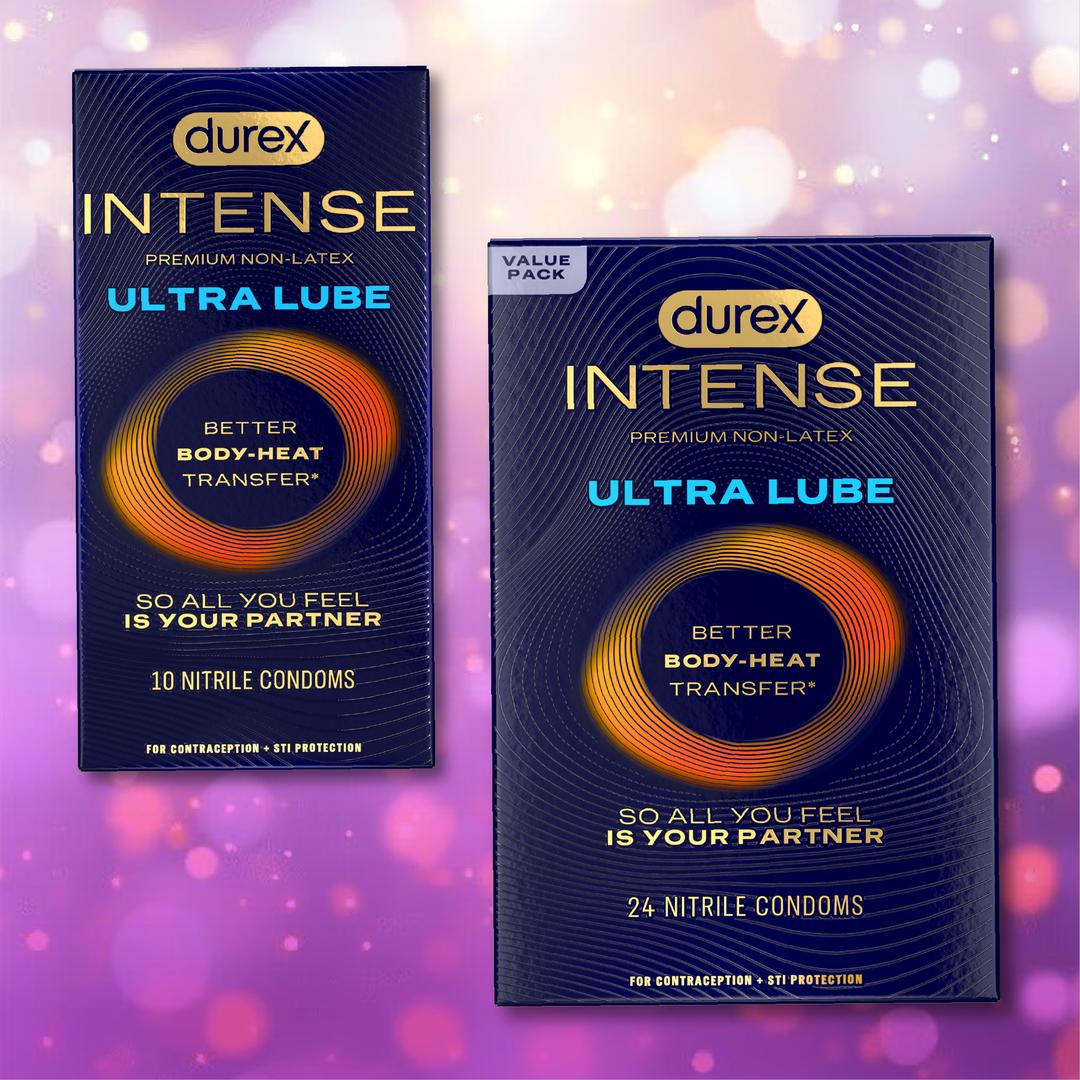 Two boxes of Durex Intense Ultra Lube Nitrile (Non-Latex) Condoms—one with 10, one with 24—are shown on a pink and gold bokeh background. Packaging emphasizes "Better Body-Heat Transfer." Brand: Durex.