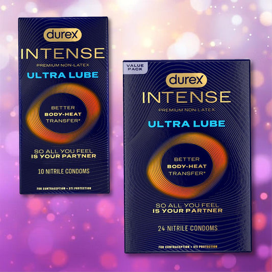 Two boxes of Durex Intense Ultra Lube Nitrile (Non-Latex) Condoms—one with 10, one with 24—are shown on a pink and gold bokeh background. Packaging emphasizes "Better Body-Heat Transfer." Brand: Durex. 1080