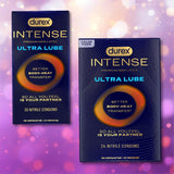 Two boxes of Durex Intense Ultra Lube Nitrile (Non-Latex) Condoms—one with 10, one with 24—are shown on a pink and gold bokeh background. Packaging emphasizes "Better Body-Heat Transfer." Brand: Durex.