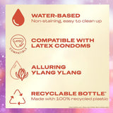 A product information graphic for Durex Touch & Play Personal Lubricant with Ylang Ylang by Durex, highlighting its water-based massage gel formula, latex condom compatibility, alluring ylang ylang scent, and a recyclable bottle made from 100% recycled plastic—all set against a purple bokeh background.