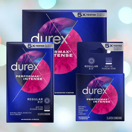 The packaging of Durex Performax Intense Condoms prominently features labels such as "Regular Fit" along with choices of "3 Latex Condoms" or "12 Latex Condoms." An alluring bokeh effect in soft, out-of-focus shades of purple and blue enhances the design, emphasizing Extended Pleasure to help you Last Longer. 1080