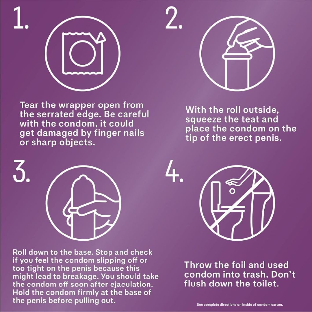 Here is a step-by-step guide on how to use Durex Pleasure Pack Assorted Condoms: 1) Carefully open the wrapper. 2) Pinch the tip and place it on an erect penis. 3) Roll it down, then hold the base after ejaculation. 4) Dispose of it in the trash, not in the toilet. These pleasure-enhancing condoms are available in delicious tropical flavors to enhance your experience with added delight.