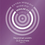 The graphic is purple with concentric circles marked "Extra Wide Fit," "Wide Fit," "Regular Fit," and "Close Fit." Text underneath states, "Nominal width 2.2 inches (56mm)." With options such as the Durex Pleasure Pack Assorted Condoms by Durex, this collection provides tailored fits to suit various preferences.