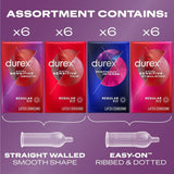 The image showcases an array of Durex condoms from the Pleasure Pack Assorted Condoms line. Featured varieties include Extra Sensitive Smooth, Thin, Performax Intense, and Intense Stimulating. Each type is available in six packs and includes illustrations of pleasure-enhancing designs with straight-walled as well as easy-on ribbed & dotted styles.