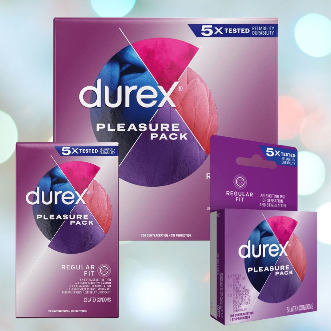 The image displays Durex Pleasure Pack Assorted Condoms in three separate packages against a gradient background, highlighting pleasure-enhancing properties that guarantee a regular fit, reliability, and durability.