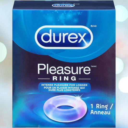 A Durex Pleasure Ring (Stretchy Waterproof Cock Ring) box is displayed in blue and black, featuring an illustration of a circular purple ring. The packaging text highlights "Intense Intimacy for Longer" in both English and French, promoting the ultimate experience from the brand Durex. 1080