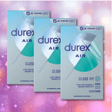 Three boxes of Durex Air “Close Fit” Condoms by Durex are shown against a sparkling pink and purple background. The packaging features “5x Tested” for reliability and highlights an ultra-thin design for heightened sensitivity.