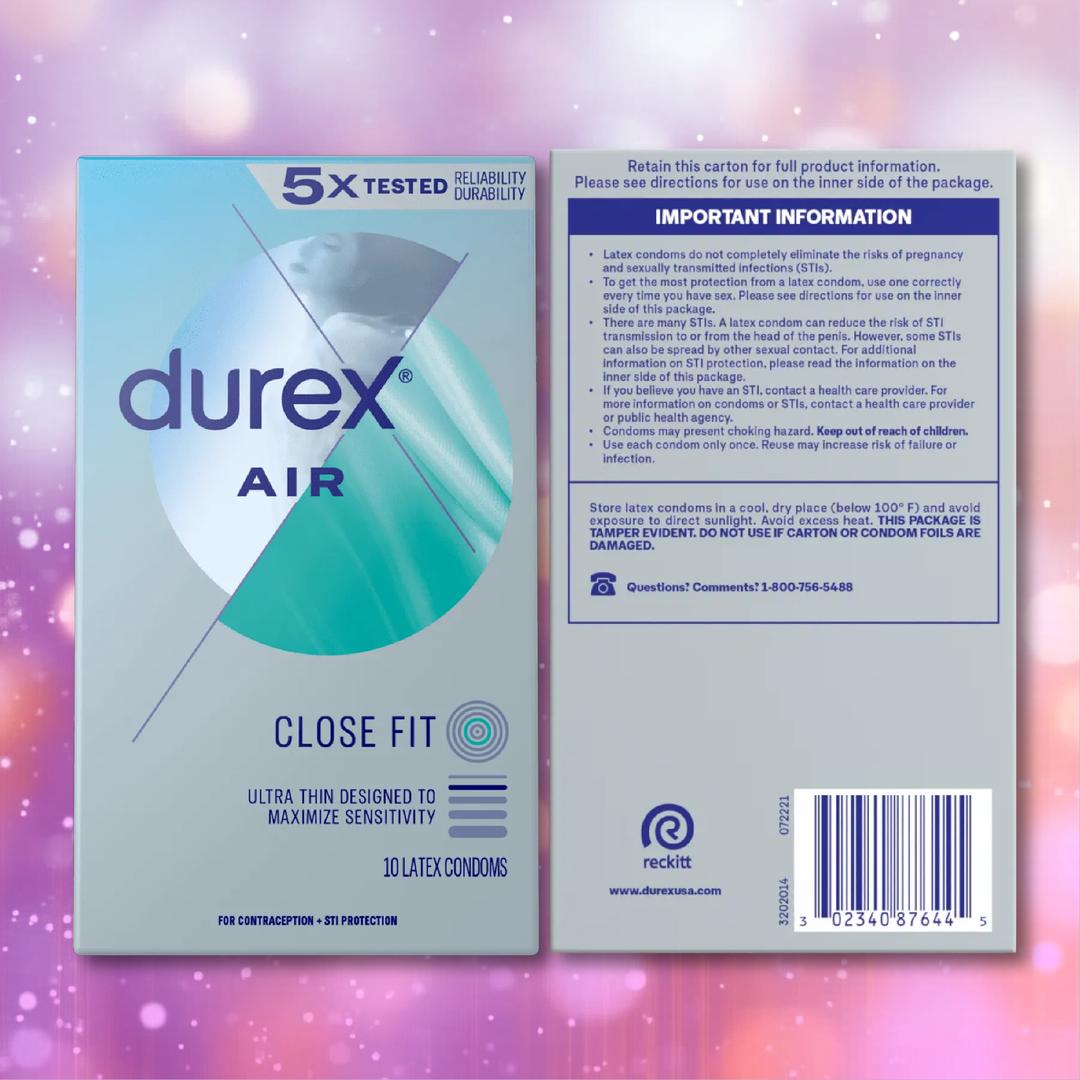 A box of Durex Air "Close Fit" Condoms by Durex is shown from the front and back. The front highlights ultra-thin condoms for sensitivity; the back displays safety info and product details. Each box contains 10 condoms.
