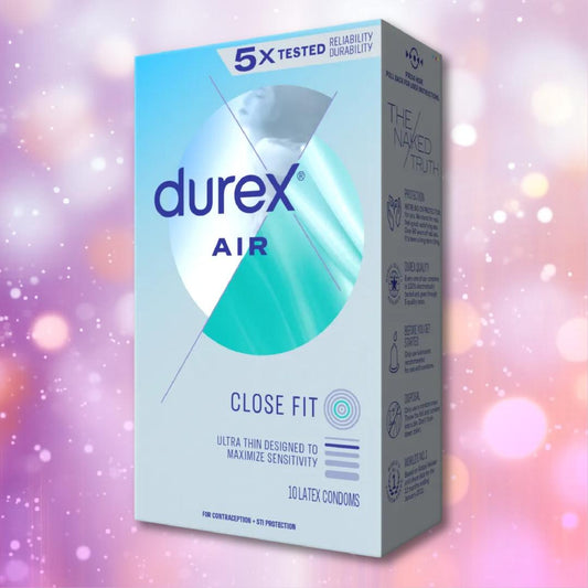 A box of Durex Air "Close Fit" Condoms by Durex is shown against a pink and purple bokeh backdrop. The ultra-thin, snug fit design is featured on the packaging, which also displays a 10-count pack size. 1080