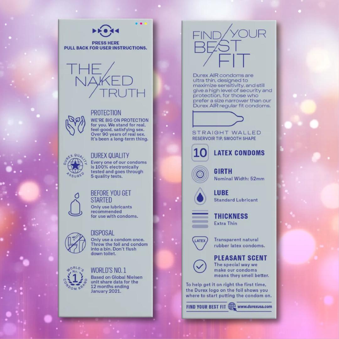Two slim, vertical panels display Durex Air "Close Fit" Condoms. The text spotlights their ultra-thin design, reliable quality, narrower width, added lubricant, and top global ranking on a soft pink-purple bokeh background.