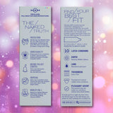 Two slim, vertical panels display Durex Air "Close Fit" Condoms. The text spotlights their ultra-thin design, reliable quality, narrower width, added lubricant, and top global ranking on a soft pink-purple bokeh background.