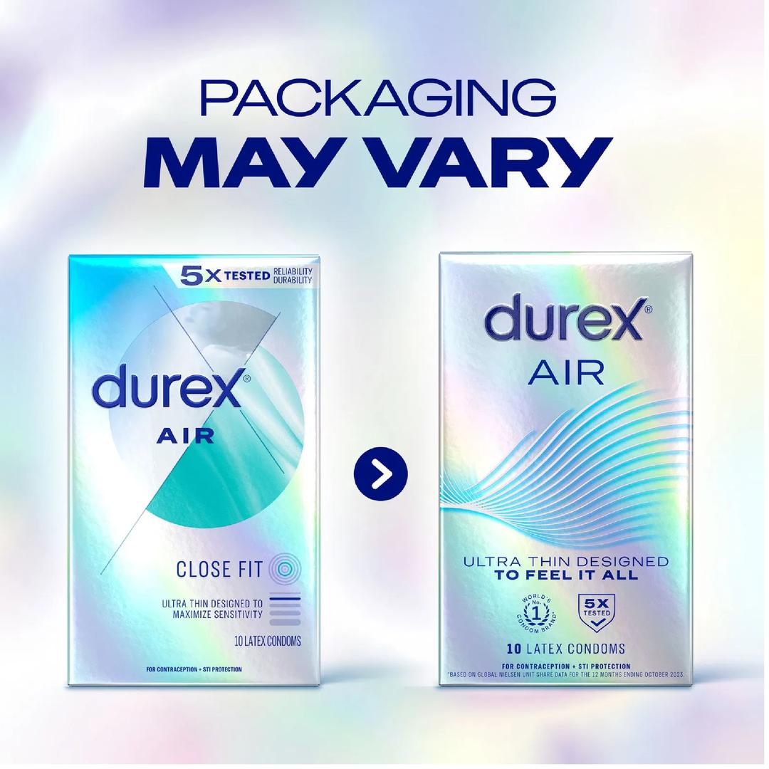 Two boxes of Durex Air "Close Fit" Condoms by Durex, each with different packaging. Text above says "Packaging May Vary." Both boxes state they contain 10 ultra-thin, snug fit condoms.