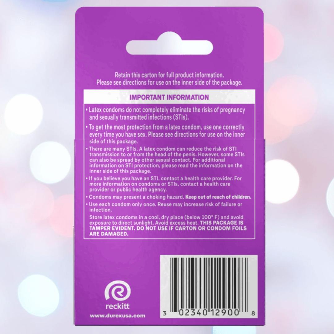 The back of a purple Durex box displays product info, usage instructions, warnings, and a barcode. It highlights Durex Extra Sensitive 'Thin' Condoms with extra lubrication. The Reckitt logo is at the lower left.