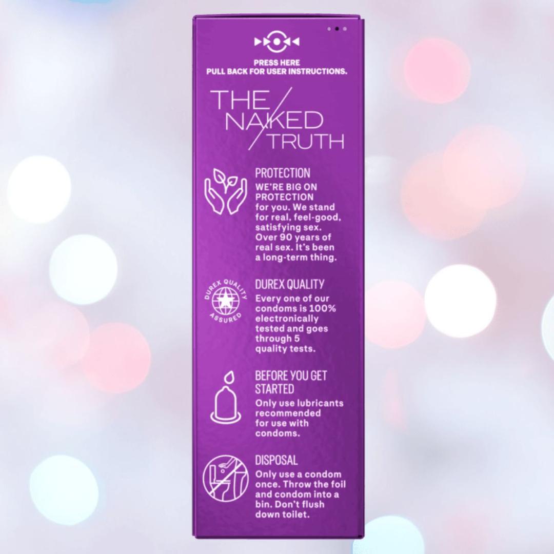A purple Durex Extra Sensitive 'Thin' Condoms box promotes protection, durability, and extra lubrication. White icons and tips appear on a softly lit pastel background—perfect for those wanting sensitive yet reliable Durex condoms.