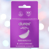 A purple box of Durex Extra Sensitive 'Thin' Condoms contains 3 natural rubber latex condoms with extra lubrication for heightened sensitivity, STI protection, feather graphic, and 5X tested for safety.