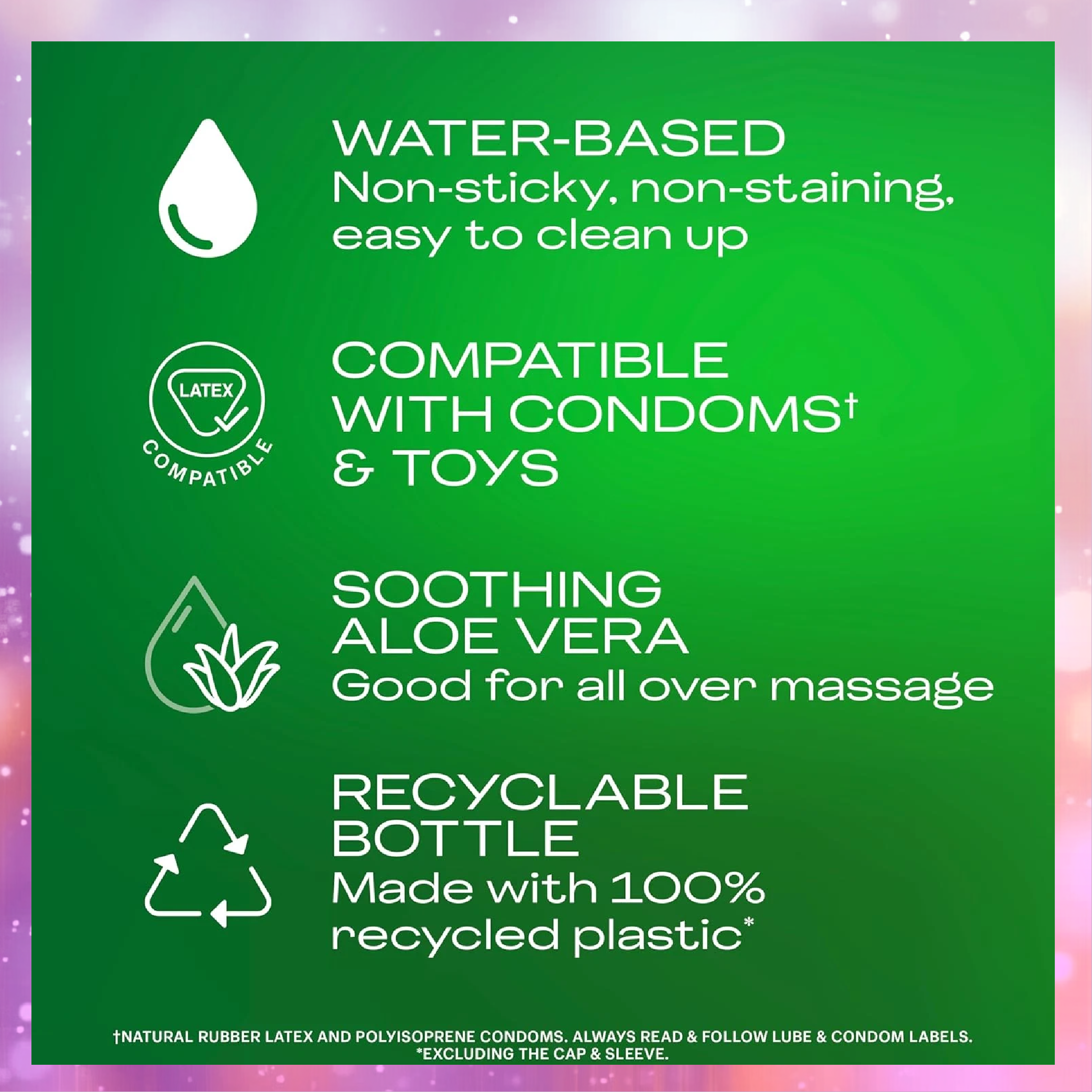 Green background with white icons and text listing features: Durex Touch & Play Personal Lubricant with Aloe is water-based, condom and sex toy compatible, contains soothing aloe vera for gentle comfort, and comes in a recyclable bottle made from 100% recycled plastic. Small print at the bottom highlights this Durex product’s eco-friendly packaging.