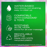 Green background with white icons and text listing features: Durex Touch & Play Personal Lubricant with Aloe is water-based, condom and sex toy compatible, contains soothing aloe vera for gentle comfort, and comes in a recyclable bottle made from 100% recycled plastic. Small print at the bottom highlights this Durex product’s eco-friendly packaging.