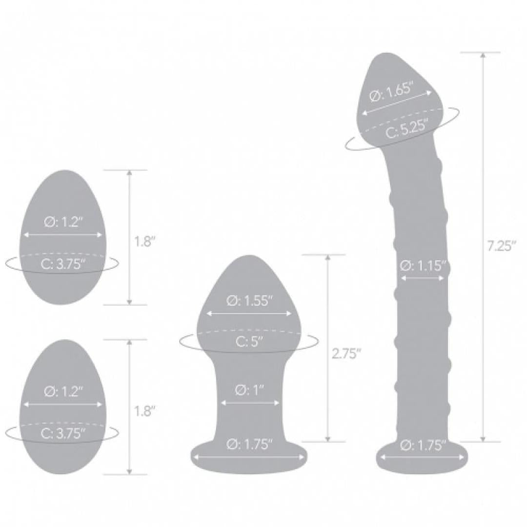 Illustration features the Gläs 4pcs Mr. Swirly Set with glass Kegel balls, showcasing two oval shapes with circumferences of 3.75 inches and lengths of 1.8 and 1.2 inches, along with a third elongated object resembling a butt plug, standing at 7.25 inches tall with varied sectional details.