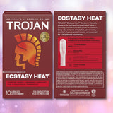 Two boxes of Trojan Double Ecstasy Condoms: Now Ecstasy Heat are displayed side by side on a pink background. The packaging features a red Trojan helmet and highlights details about warmth, texture, and heightened sensation. Designed with a comfort fit and enhanced by warming lubricant, these condoms from Trojan offer a unique intimate experience in the popular Double Ecstasy line.