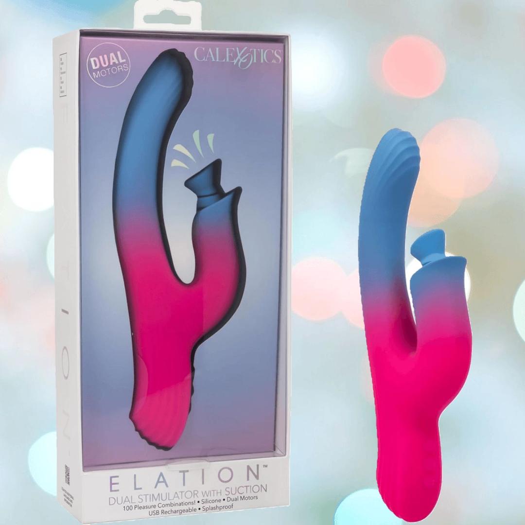 The Elation Dual Stimulator with Suction by CalExotics, featuring a pink and blue gradient design, is displayed alongside its packaging, which showcases the product image and branding.