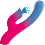 The CalExotics Elation Dual Stimulator with Suction is a pink and blue silicone vibrator with dual stimulation, featuring a flexible shaft and a smaller vibrating attachment, shown against a white background.
