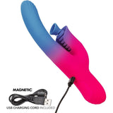 The CalExotics Elation Dual Stimulator with Suction, in blue and pink silicone, features a curved tip and clitoral stimulator. Shown connected to a magnetic USB charging cord. Text reads: "MAGNETIC USB CHARGING CORD INCLUDED.