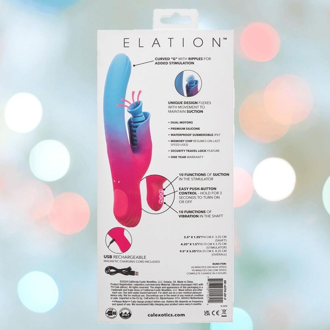The back of the Elation Dual Stimulator with Suction box by CalExotics displays the device, its features, descriptions, and charging info on a softly blurred background with gentle light circles.