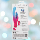 The back of the Elation Dual Stimulator with Suction box by CalExotics displays the device, its features, descriptions, and charging info on a softly blurred background with gentle light circles.