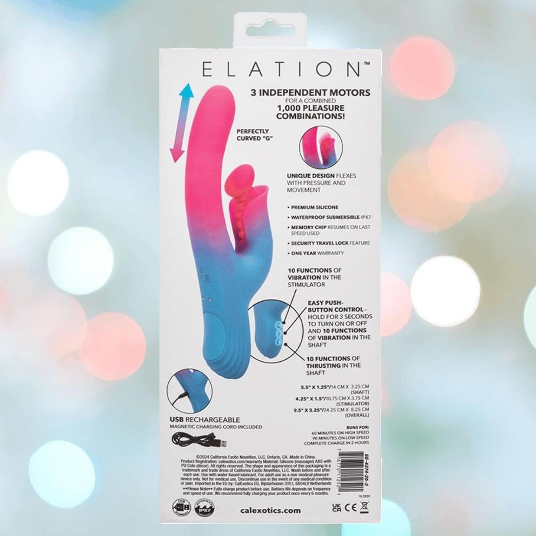 Back of the Elation Thrusting Dual Stimulator Rabbit Vibrator box by CalExotics, showing a blue and pink device, product features, specs, illustrations, branding, all set against a soft bokeh light background.