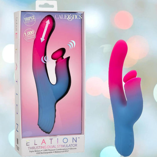 The CalExotics Elation Thrusting Dual Stimulator Rabbit Vibrator in blue and pink is shown inside its box and separately; packaging highlights triple motors, 1,000 pleasure combinations, and USB rechargeability. 1080