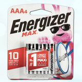 The Energizer AAA Batteries (4-Pack) from Condomania are showcased, delivering "Longest Lasting" power with a "10-year shelf life" and dependable leak resistance. The packaging includes an illustration of a playful pink rabbit wearing sunglasses, representing lasting energy.