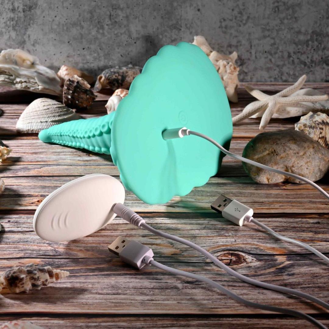 A turquoise Evolved Tentacle Grinder from Evolved Novelties and a smaller white oval device charge via USB on a wooden surface with seashells and starfish. Both offer customizable vibration settings for a unique experience.
