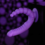 The Evolved The Rider by Evolved Novelties, a purple, segmented, curved waterproof vibrator with a suction base, is attached to a black surface against a dark background with blurred purple light spots.