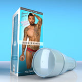 A light blue Fleshjack Boys Boomer Banks: Realistic Male Masturbator Cake Butt BIRTHDAY EDITION rests in front of its product box, which features a photo of Boomer Banks in red briefs and the text “Boomer Banks Birthday Edition.”
