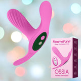 A pink Femme Funn Ossia Wearable Bullet Vibrator with a ribbed texture is displayed against a blurred colorful background. To the right, the product packaging highlights the brand "Femme Funn" and the model "OSSIA," accompanied by the tagline "Power • Innovation • Fun." This vibrator offers 10 vibration modes for endless pleasure.