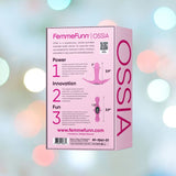 An image of the back of a product box for the Femme Funn Ossia Wearable Bullet Vibrator - Pink, highlighting its three key features: Power, Innovation, and Fun. The box is predominantly pink and white with text and graphics detailing the 10 vibration modes, specifications, usage instructions, and images of the product.

