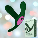 A dark green wearable bullet vibrator with a sleek, ergonomic design floats in front of a backdrop of softly lit, out-of-focus lights. Next to it lies the product box showcasing the "Femme Funn" brand and model name "Ossia," emphasizing its feature as a remote-controlled bullet vibrator.