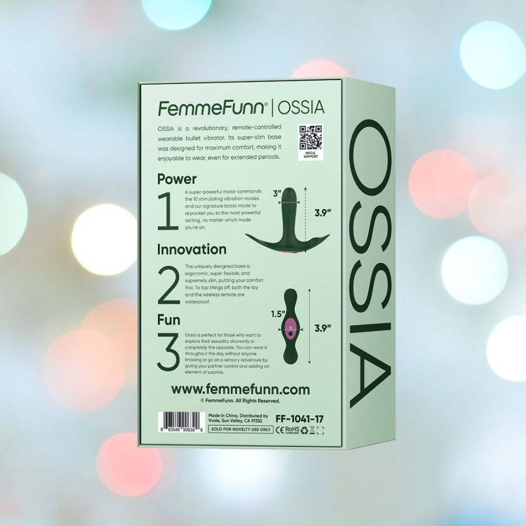 The image shows the packaging of a Femme Funn product named Femme Funn Ossia Wearable Bullet Vibrator - Dark Green. The box features a white background with green text and illustrations outlining the product's features: Power, Innovation, and Fun. There's also a website URL and the product code FF-1041-17 for this remote-controlled bullet vibrator.