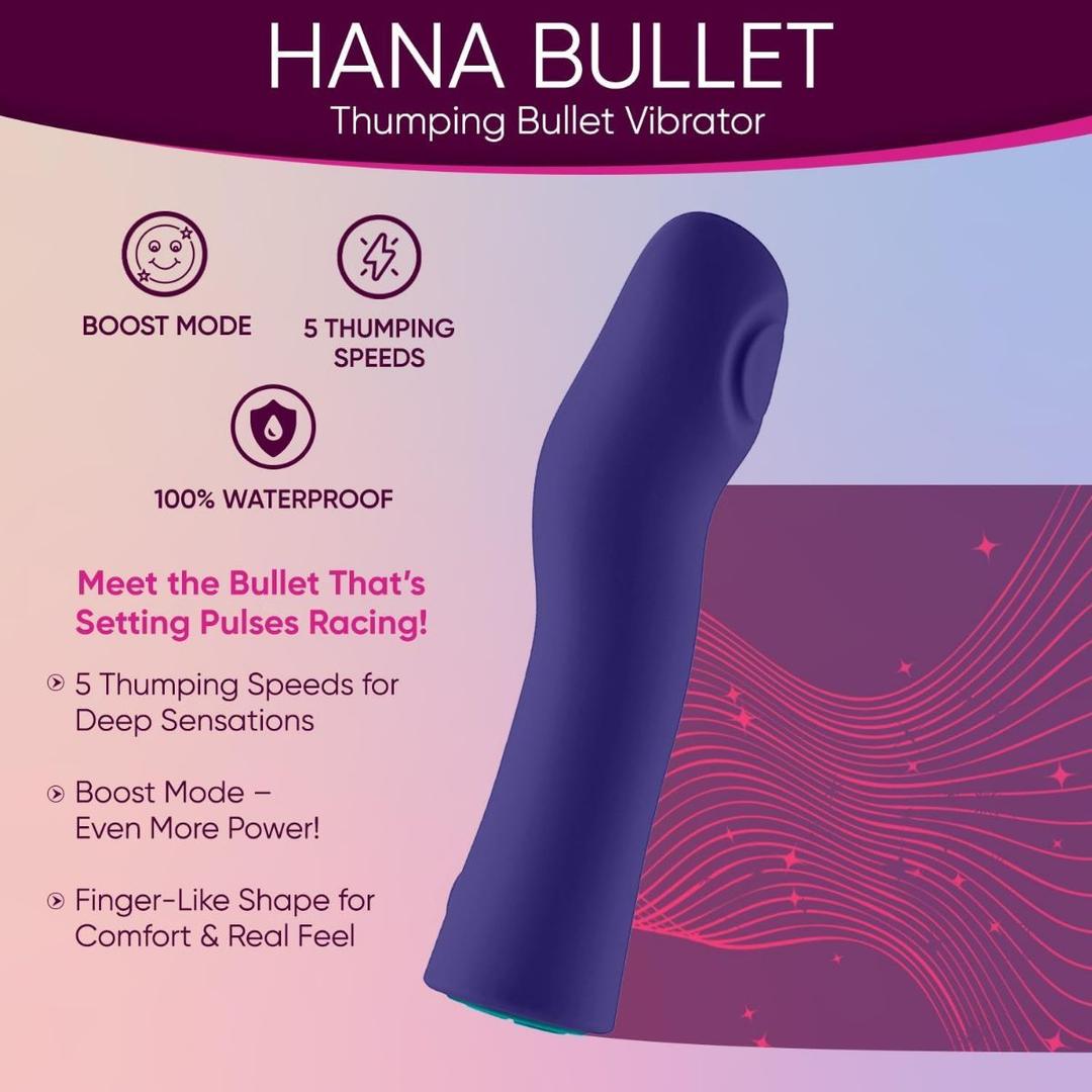 The FemmeFunn Hana Thumping Bullet in dark purple features a curved, finger-like design and SOFTFEEL silicone. This waterproof vibrator offers boost mode, 5 thumping speeds, and a comfort-driven shape from Femme Funn.