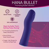 The FemmeFunn Hana Thumping Bullet in dark purple features a curved, finger-like design and SOFTFEEL silicone. This waterproof vibrator offers boost mode, 5 thumping speeds, and a comfort-driven shape from Femme Funn.