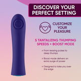 The FemmeFunn Hana Thumping Bullet in dark purple, made of SOFTFEEL silicone, is shown on the left. Text on the right reads: “Discover Your Perfect Setting,” “Customize Your Pleasure,” and “5 Thumping Speeds + Boost Mode.”.