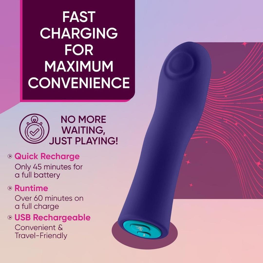 The Femme Funn Hana Thumping Bullet in dark purple is a waterproof silicone massager with a turquoise base, offering fast USB charging, a 45-minute full charge, and over 60 minutes of use—ideal for travel and convenience.