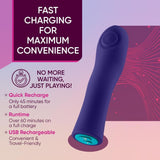 The Femme Funn Hana Thumping Bullet in dark purple is a waterproof silicone massager with a turquoise base, offering fast USB charging, a 45-minute full charge, and over 60 minutes of use—ideal for travel and convenience.